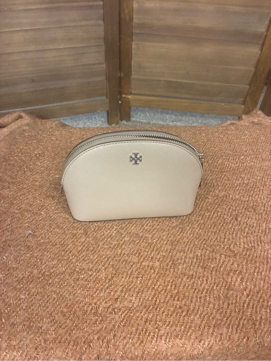 Tory Burch Handbags - Tory Burch French Grey Small Saffiano Dome Cosmetic Pouch with Gold Logo